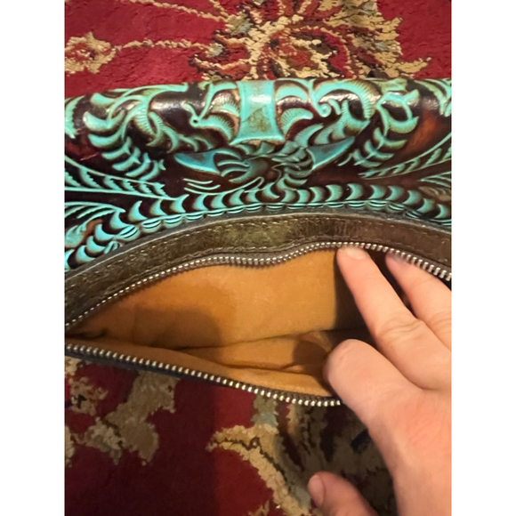 PATRICIA NASH SAVINI TOOLED BOHO COWGIRL TURQUOISE LEATHER BAG PURSE - Picture 8 of 11